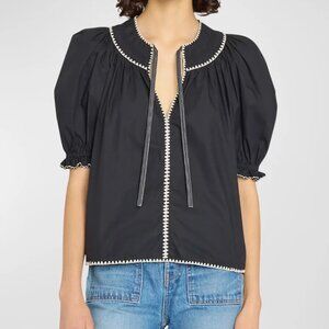 Ulla Johnson Ruby Embroidered Poplin Split Neck Puff Sleeve Top Black Women's 0